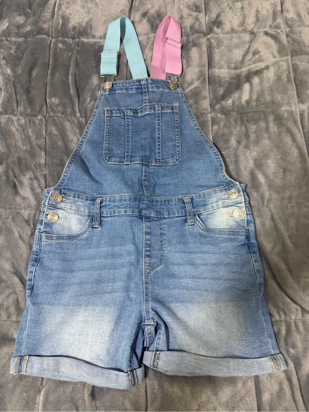 Denim Short Overalls with Pink & Mint Straps